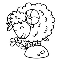 Obraz premium Sheep with a flower. Isolated objects on white background. Vector illustration. Coloring pages. Black and white illustration.
