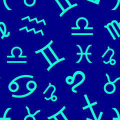 Vector. Seamless pattern for decoration, design. Astronomy different green zodiac sign on a blue background
