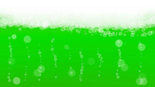 Green beer background for Saint Patricks Day with bubble foam. Cool liquid drink for pub and bar menu design, banners and flyers.  Realistic backdrop with green beer for St. Patrick. Cold lager pint