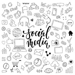 big set of hand drawn doodle cartoon objects and symbols with lettering. on the Social Media theme