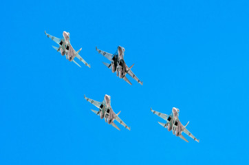 Group of fighter jet airplane sun glow blue sky.