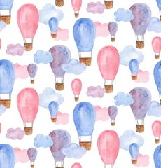 Gordijnen Aquarel luchtballon patroon. Roze en blauwe achtergrond © Ann_ka