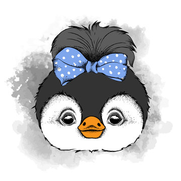 Lovely penguin girl with bow on head. Vector illustration