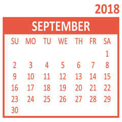 September. Ninth page of set. Calendar 2018, template. Week starts from Sunday. Vector illustration