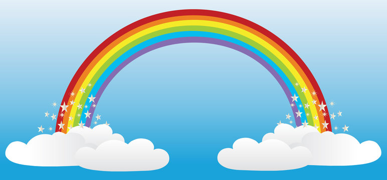 Rainbow in blue sky with clouds and stars background vector