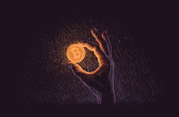 Foto op Aluminium Glowing Bitcoin coin in hand illustration. Vector. © yuromanovich