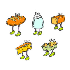 Hand Drawn Food. Bread, Milk, Cheese, Eggs. Line drawing. Colored Doodle Art. Cute vector Food. Simple Modern Illustrations.