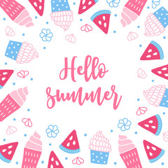 Summer greeting card with ice cream, watermelon slices, meringues