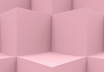 3d rendering. Abstract Pink cube boxes cornor wall background.