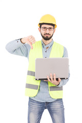 a young engineer thumbs down