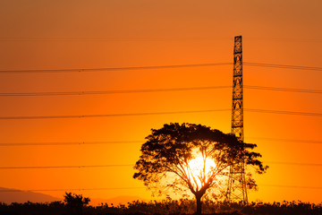silhouette of high voltage electrical pole structure