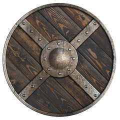 Wooden medieval round shield with metal frame and cross isolated 3d illustration