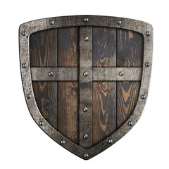Fototapeta premium Wooden medieval vikings shield with metal frame and cross 3d illustration