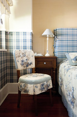 blue bedroom style with old chair and retro style.