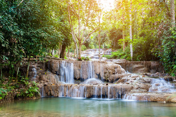 soft water of the stream in the natural park, Beautiful waterfall in rain forest ( Maekampong Waterfall, Thailand)