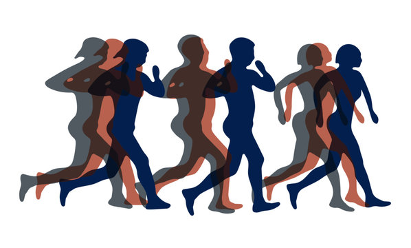 Illustration abstraire d'un marathon compos&eacute; de deux hommes et d'une femme en mouvement