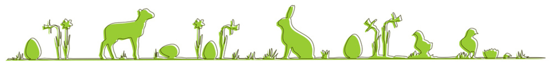 Grünes Osterbanner mit Hase, Lamm und Küken 
