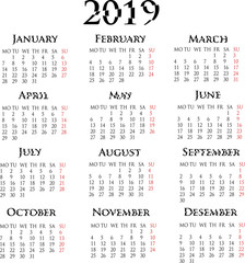 calendar for 2019