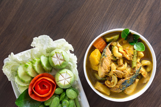 Thai curry fish paunch sour soup (Kang Tai Pla) spicy delicious mix with herb  popular Thai food