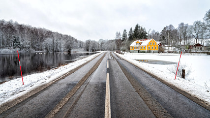 Winter panorama landscape with high level Morrum river