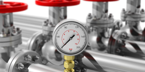 Industrial manometer on blur pipelines and valves background. 3d illustration