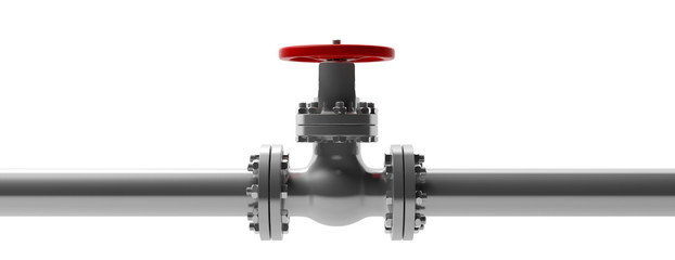 Industrial pipeline and valve on white background, banner, front view. 3d illustration