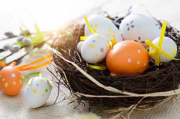Fototapeta na wymiar Easter eggs decoration, eggs in the nest