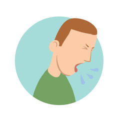 Young man coughing, sickness icon. Vector flat illustration, isolated on white background.