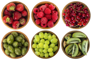 Berries and fruits isolated on white background. Collage of different fruits and berries at green and red color. Kiwi, gooseberries, grapes, red currants, strawberries and raspberries.