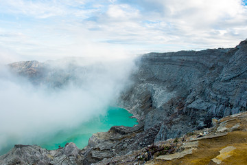 View from Ijen Crater, Sulfur fume at Kawah Ijen, Vocalno in Indenesia