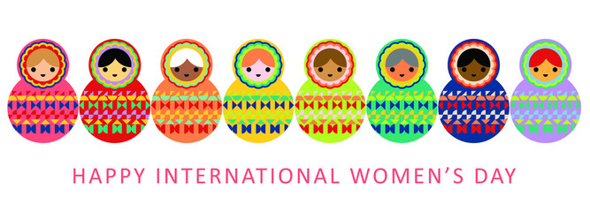Happy International Women's Day on 8 March. Banner with a big group of women, multi-ethnic, multi-racial, young and old, in the figure of 8. Rainbow colors. EPS file.