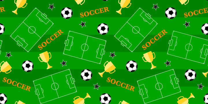 Seamless pattern with stadium, soccer ball and winner cup. Vector football background