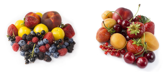 Set of fresh fruits and berries isolated on white. Mix berries on a white. Ripe strawberries, currants, cherries, apricots, nectarines and peaches isolated on white background.