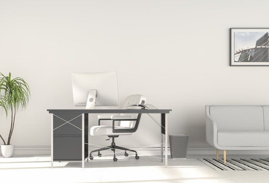 3D rendering of interior modern living room bright workspace with desk and laptop computer and green plants 