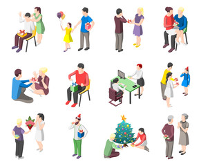 People With Gifts Isometric Icons