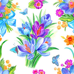Obraz na płótnie Canvas Seamless watercolor pattern from spring flowers and butterflies. Crocuses, daffodils. primrose, mimosa, floral background, hand-drawn.
