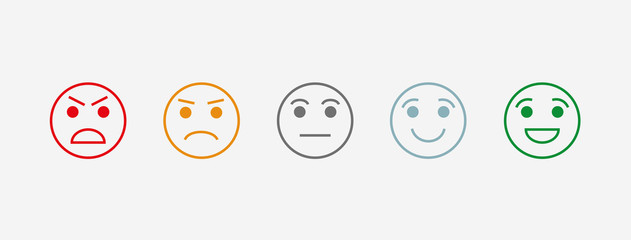 Rating satisfaction. Vector icon. The range of emotions. 5 kinds of moods. User experience. Feedback in the form of emotion. Excellent, good, normal, bad, awful