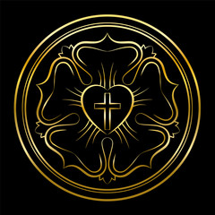 Martin Luther rose golden illustration on black background. Luther seal, symbol of Lutheranism, consisting of a cross, an heart, a single rose and a ring. - obrazy, fototapety, plakaty
