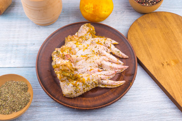 Raw chicken wings with spices on a clay dish close up