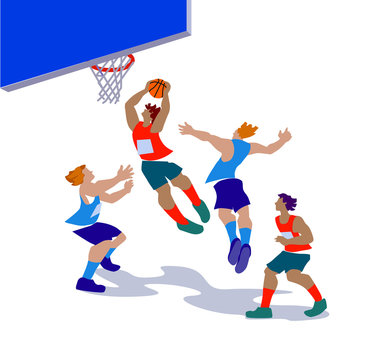 Vector illustration of basketball players in action.