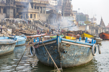 Fototapeta na wymiar boats on the Ganges river, Varanasi, Uttar Pradesh, India