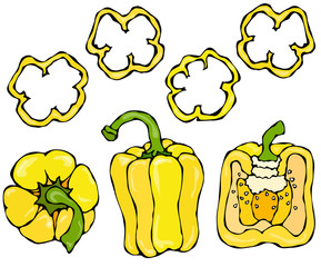 Yellow Bell Peper Set. Half of Sweet Paprika and Rings of Pepper Cuts. Fresh Ripe Raw Vegetables. Healthy Vegan Cuisine. Vector Illustration Hand Draw. Savoyar Doodle Style.