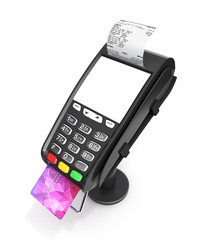 card payment terminal with an empty screen POS terminal with credit card and receipt isolated on white background 3d render