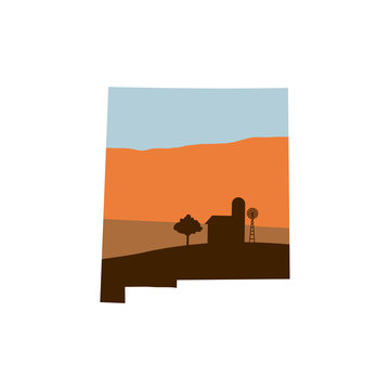 New Mexico State Shape with Farm at Sunset w Windmill, Barn, and a Tree