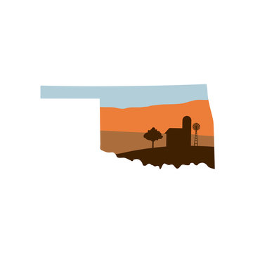 Oklahoma State Shape with Farm at Sunset w Windmill, Barn, and a Tree
