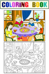 Color Grandmother is sitting at the table. Grandchildren came to visit. Coloring, black and white