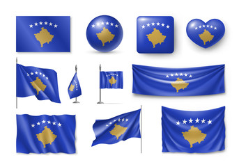 Obraz na płótnie Canvas Set Kosovo flags, banners, banners, symbols, relistic icon. Vector illustration of collection of national symbols on various objects and state signs