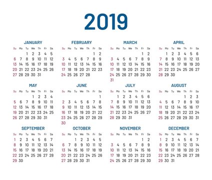 Simple wall calendar 2019 year, flat, isolated. Plain annual chart in minimalistic design. Calendar vector template