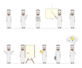 Set of business arab man character doodle design. Cartoon muslim and dubai vector in job.