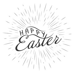 Vector monochrome text lettering Happy Easter with rays of burst for greeting cards, posters logo. Isolated on white background.